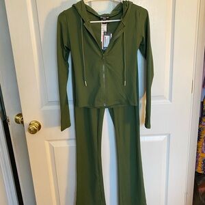 Army Green Zip-up and Flare Legging Set